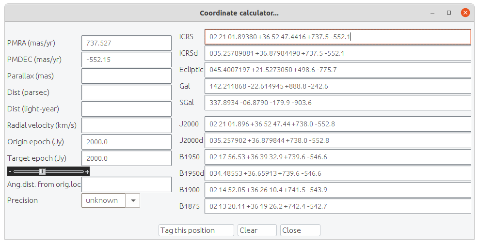 The Aladin coordinate calculator window can be opened from the menu Tool -&gt; Coordinate calculator...